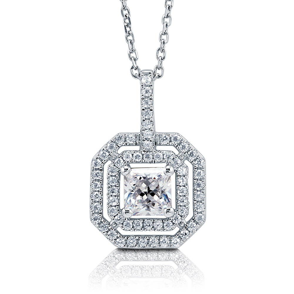 Halo Princess CZ Pendant Necklace in Sterling Silver
