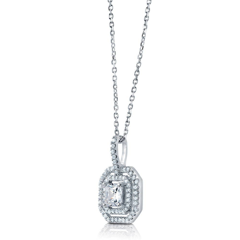 Angle view of Halo Princess CZ Necklace in Sterling Silver, 4 of 5