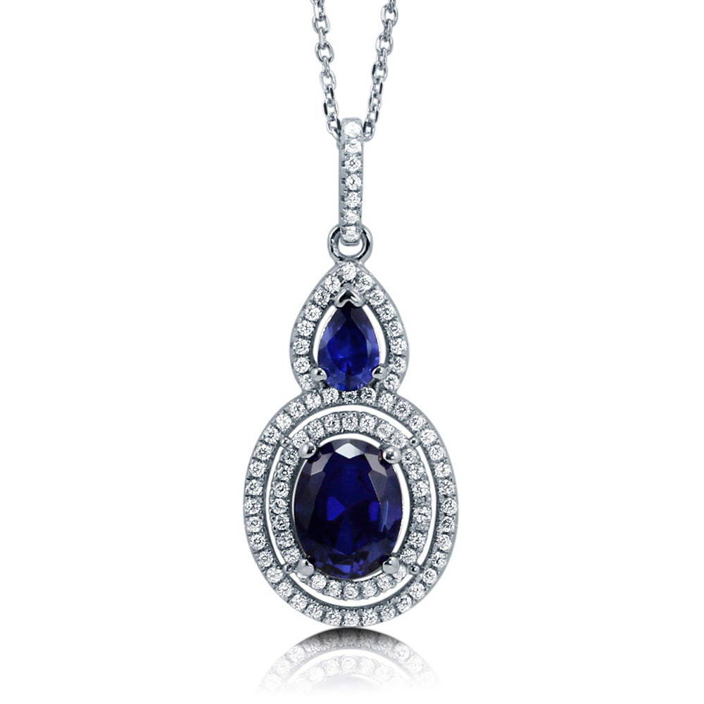 Halo Sapphire-Blue Oval CZ Necklace in Sterling Silver, 3 of 6