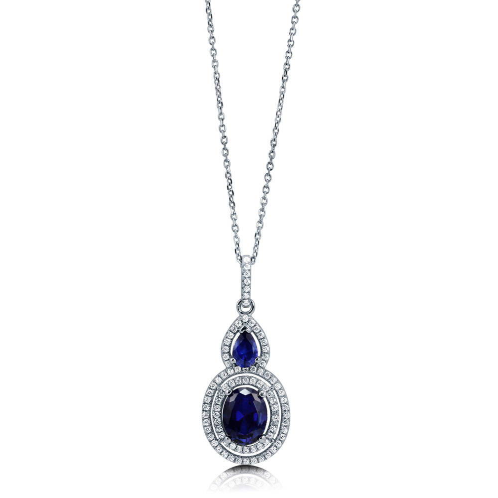 Halo Sapphire-Blue Oval CZ Necklace in Sterling Silver