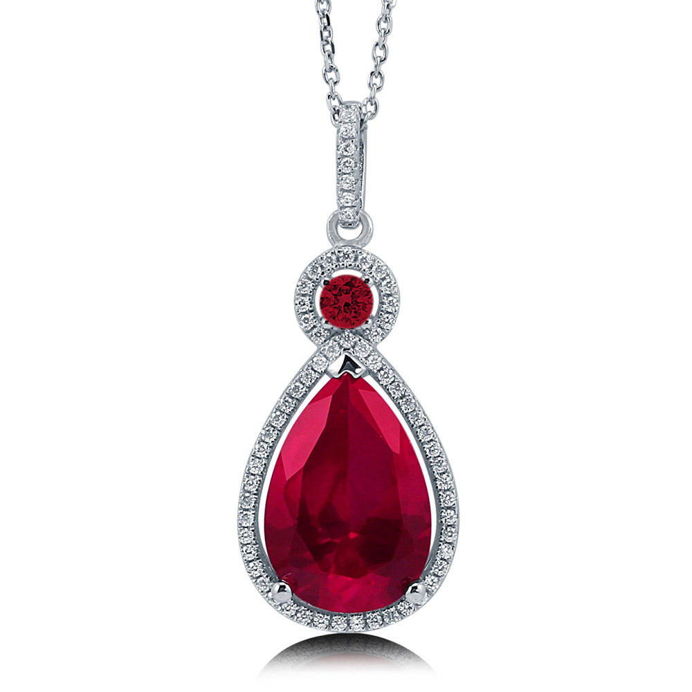 Halo Simulated Ruby Pear CZ Pendant Necklace in Sterling Silver