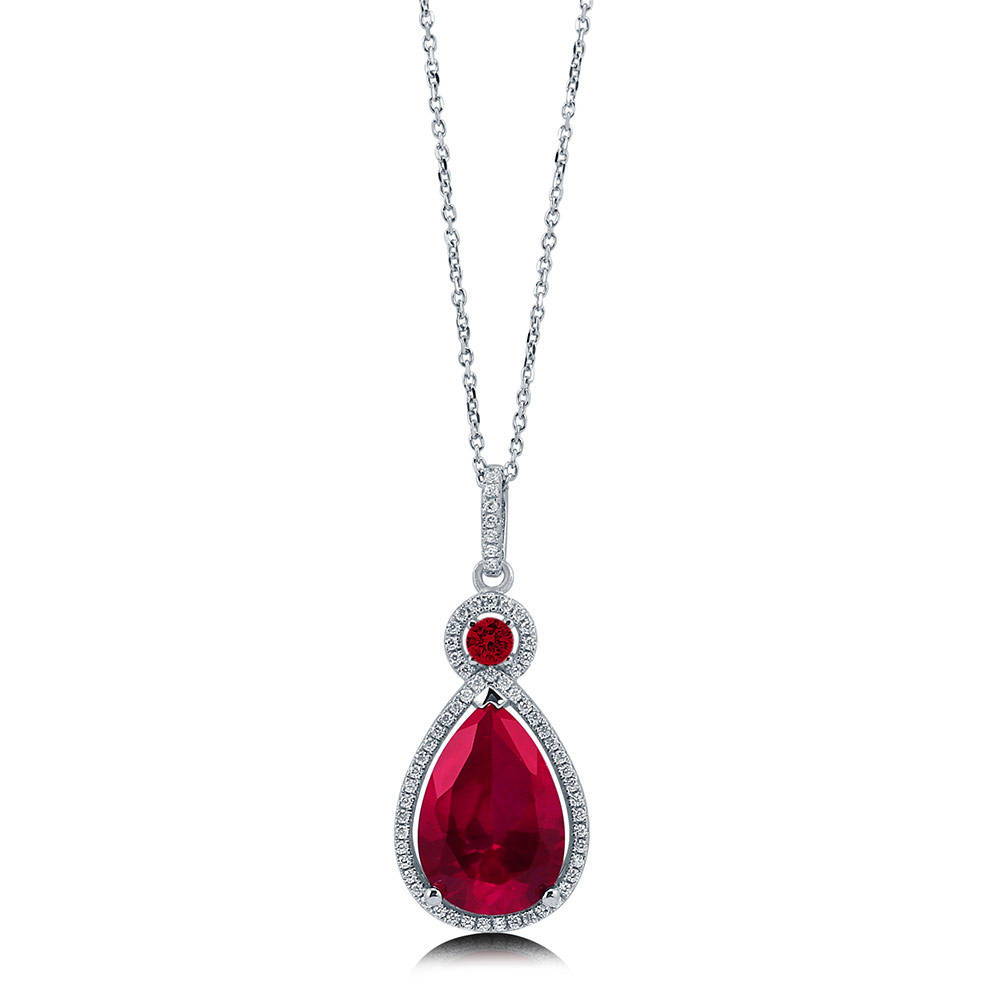 Halo Simulated Ruby Pear CZ Set in Sterling Silver