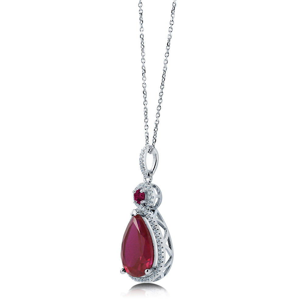 Halo Simulated Ruby Pear CZ Pendant Necklace in Sterling Silver