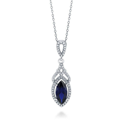 Halo Art Deco Sapphire-Blue CZ Necklace in Sterling Silver