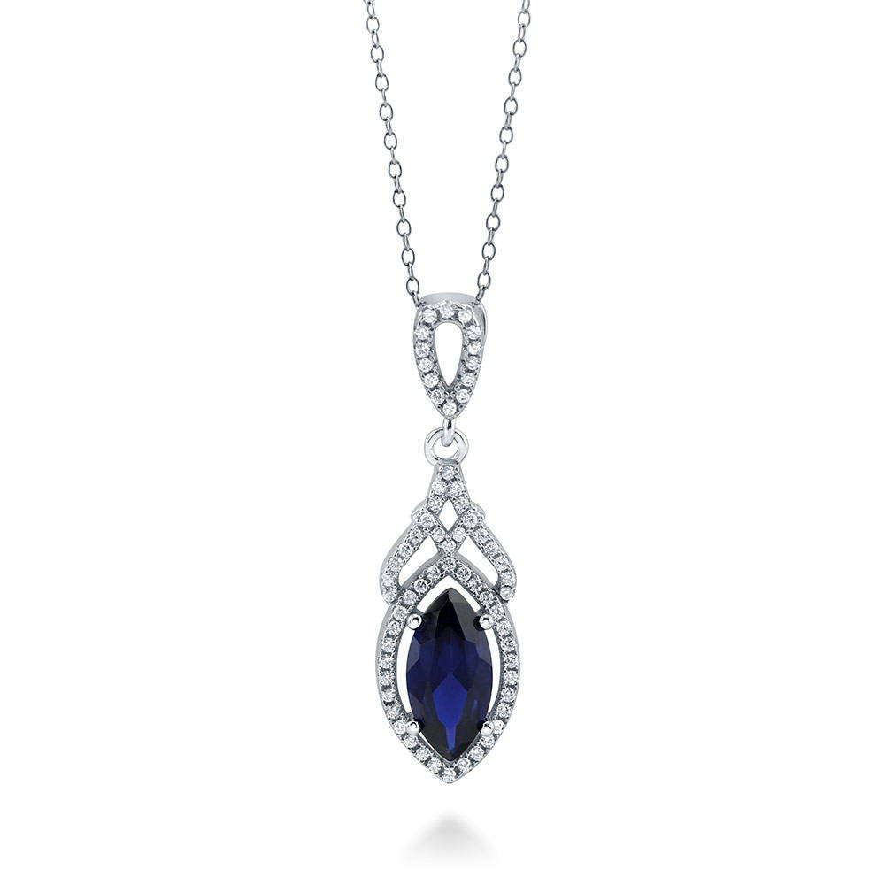 Halo Simulated Blue Sapphire Marquise CZ Necklace in Sterling Silver