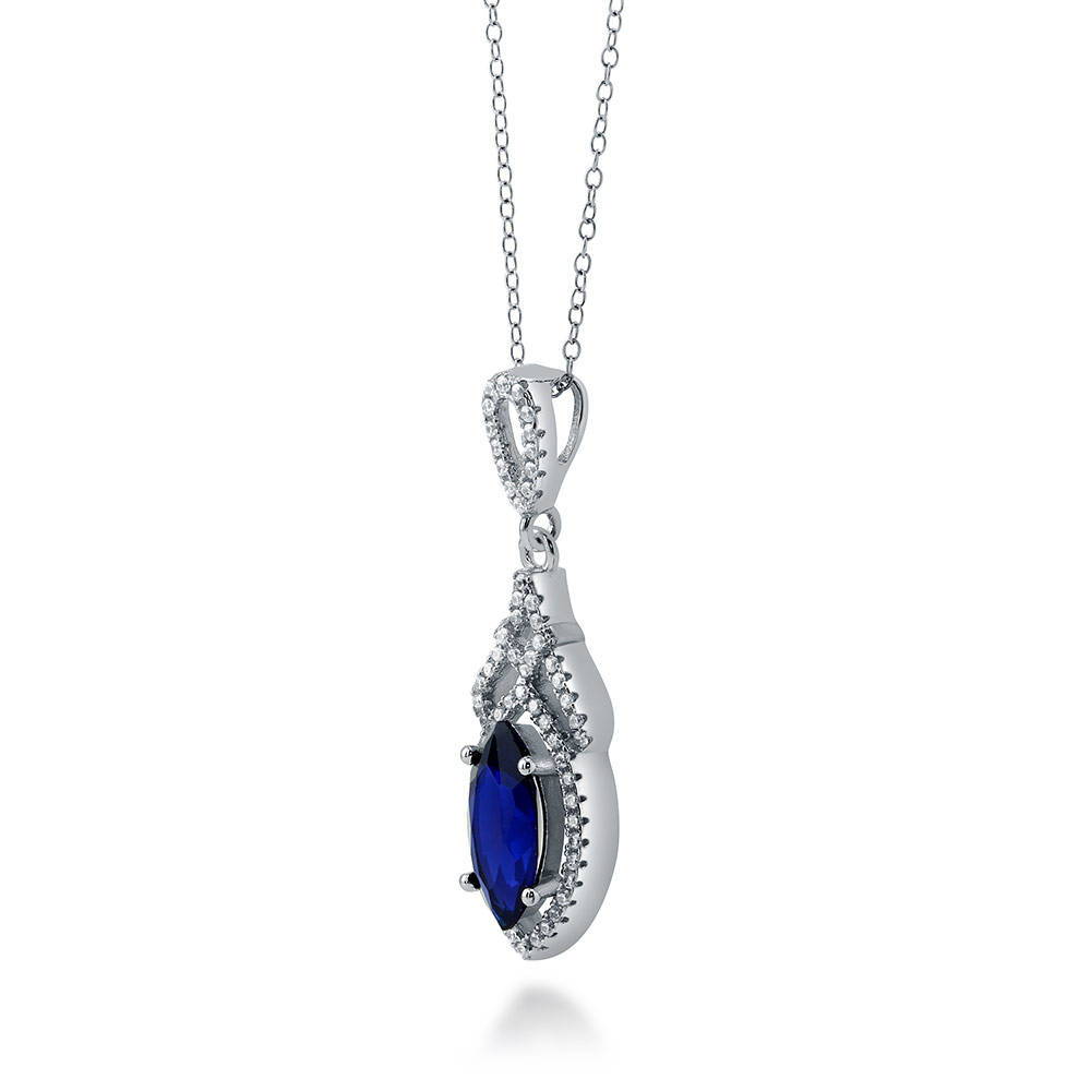 Halo Art Deco Sapphire-Blue CZ Necklace in Sterling Silver