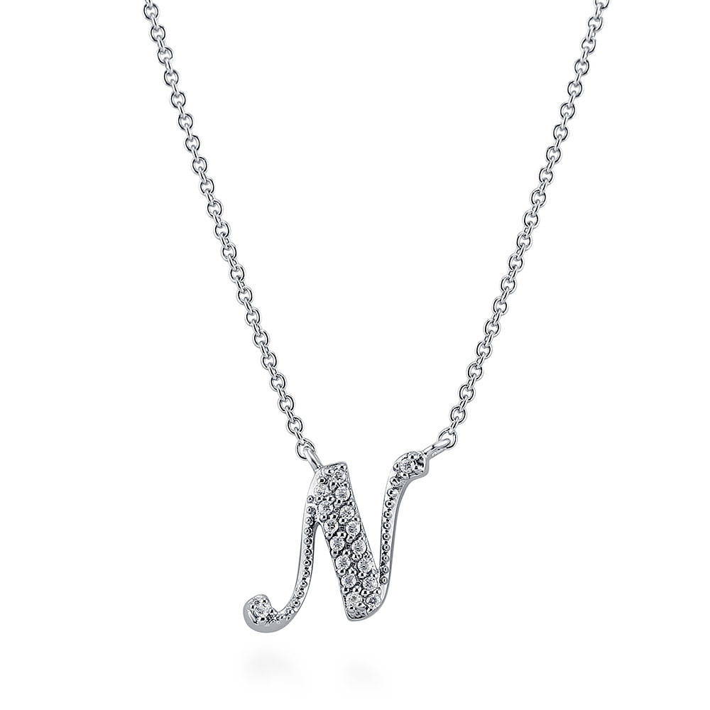 Initial Letter CZ Necklace in Sterling Silver, N