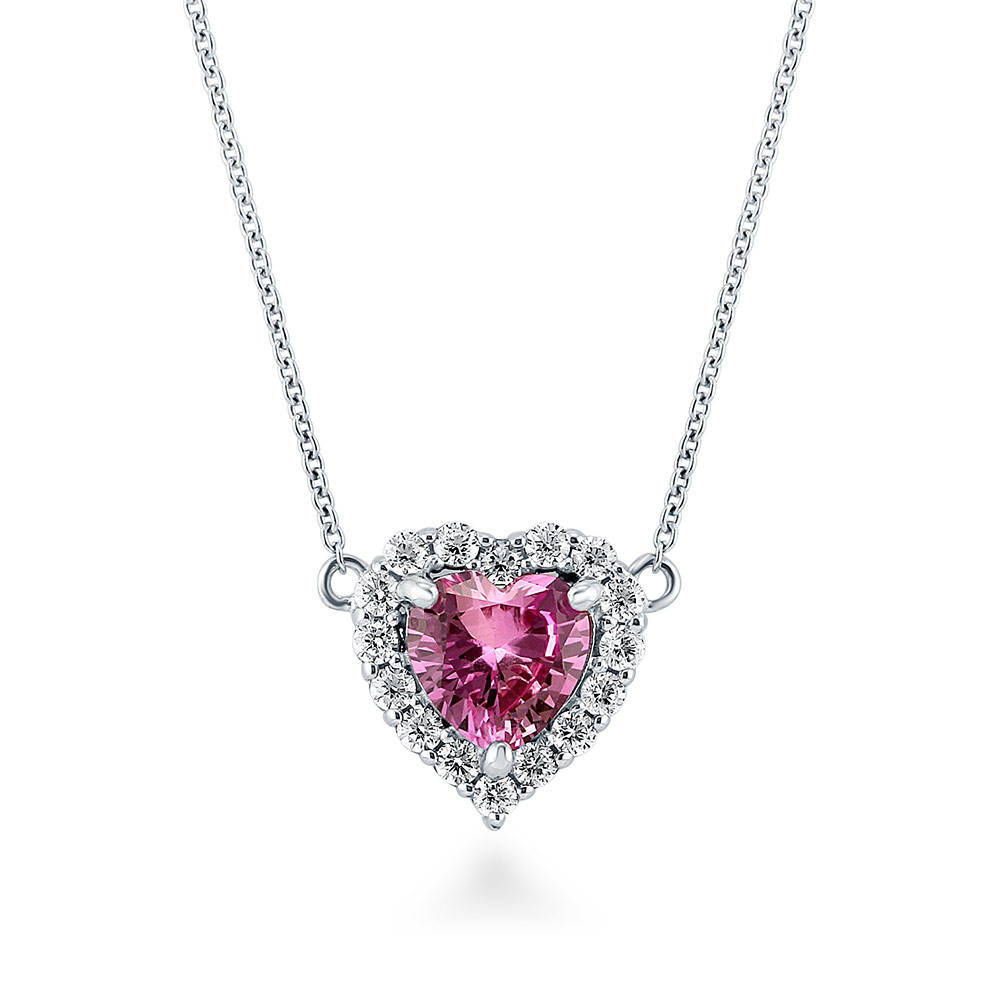 Halo Heart Pink Heart CZ Necklace in Sterling Silver