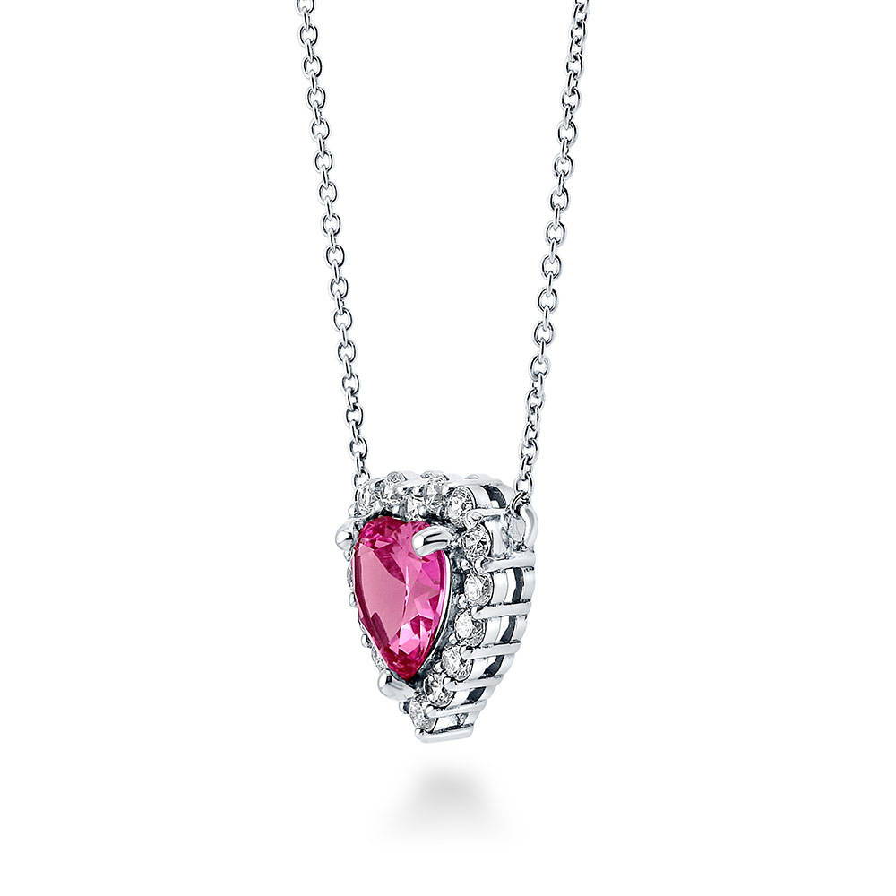 Front view of Halo Heart Pink Heart CZ Necklace in Sterling Silver, 4 of 6