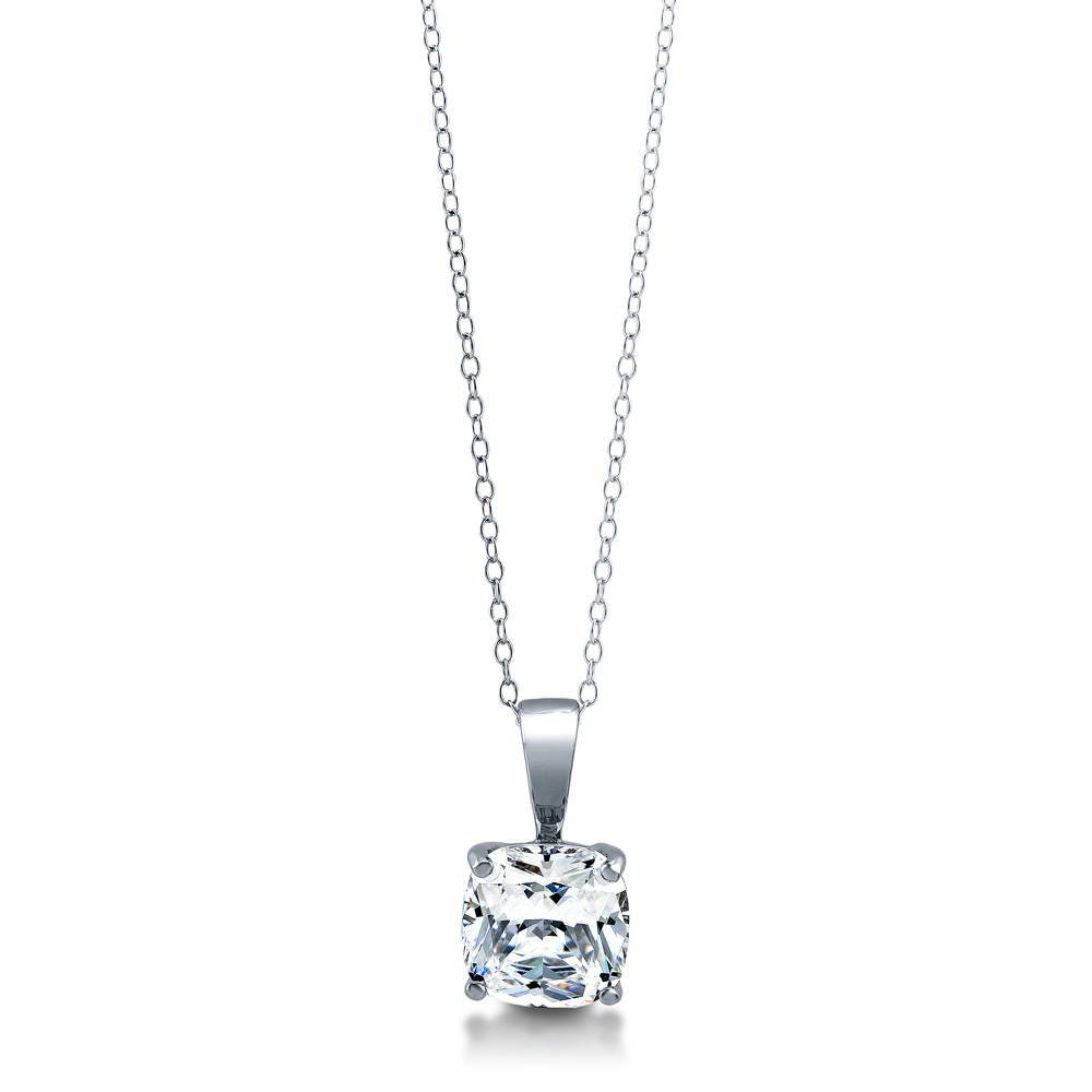 Solitaire 3ct Cushion CZ Pendant Necklace in Sterling Silver