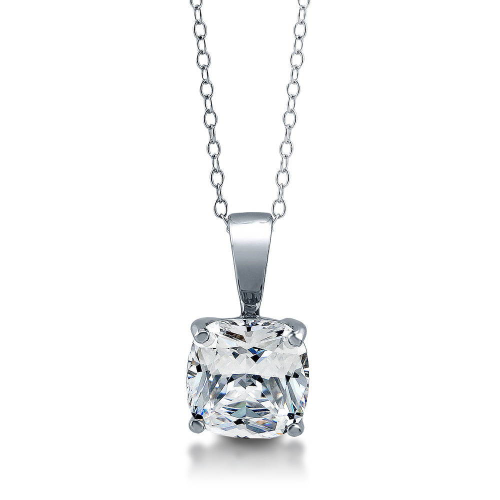 Front view of Solitaire 3ct Cushion CZ Necklace in Sterling Silver, 4 of 7