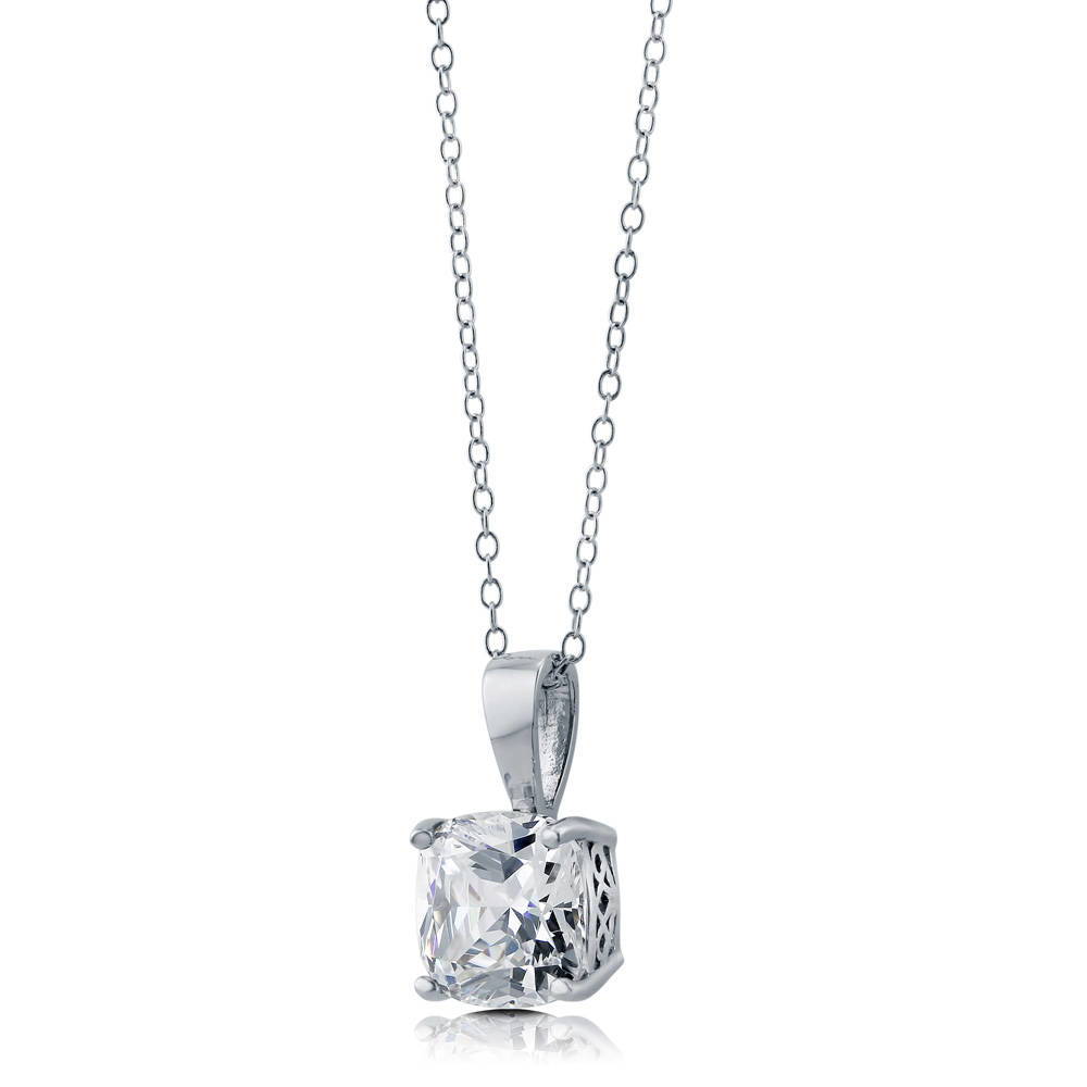 Angle view of Solitaire 3ct Cushion CZ Necklace in Sterling Silver, 5 of 7