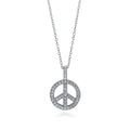 Peace Sign CZ Necklace in Sterling Silver, Rhodium Plated