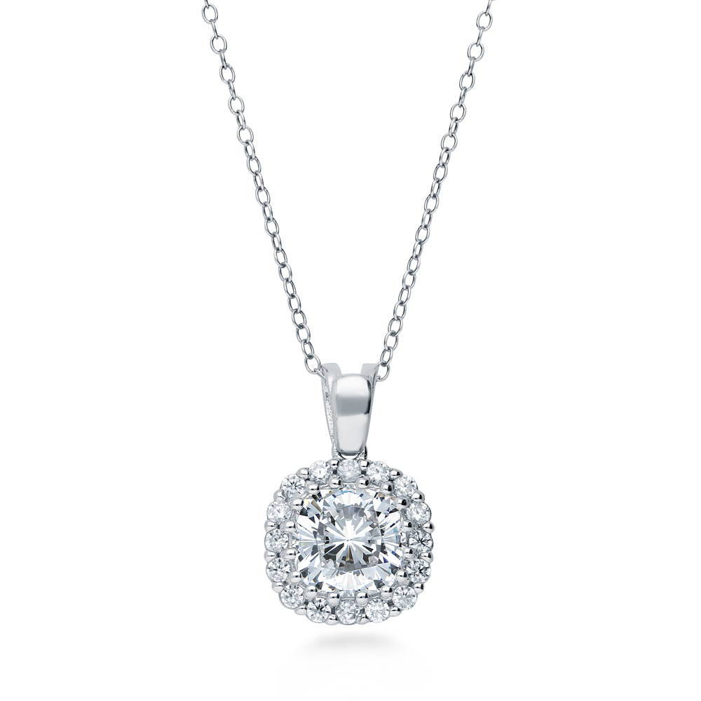 Halo Cushion CZ Necklace in Sterling Silver, 1 of 7