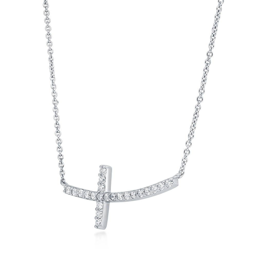 Sideways Cross CZ Pendant Necklace in Sterling Silver