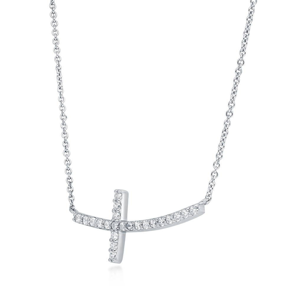 Front view of Sideways Cross CZ Necklace in Sterling Silver, 4 of 9