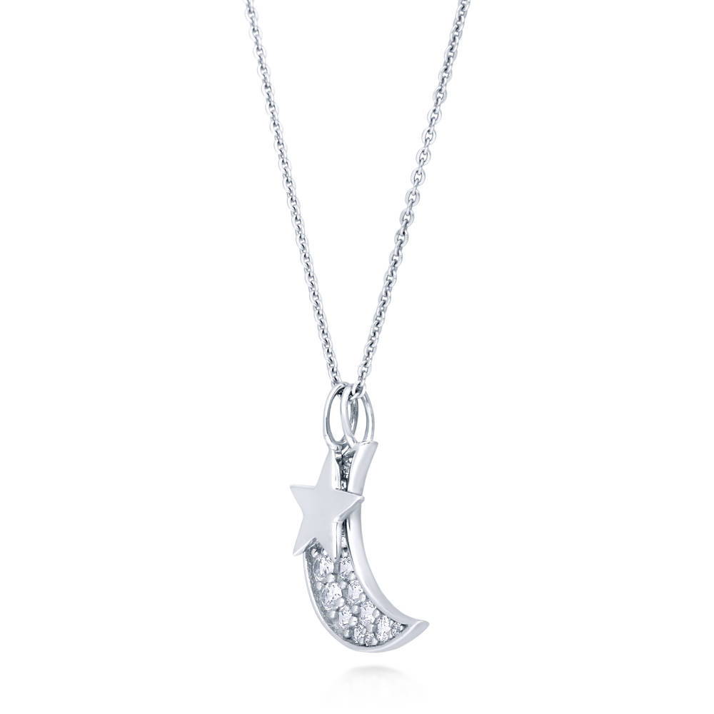 Star Crescent Moon CZ Pendant Necklace in Sterling Silver