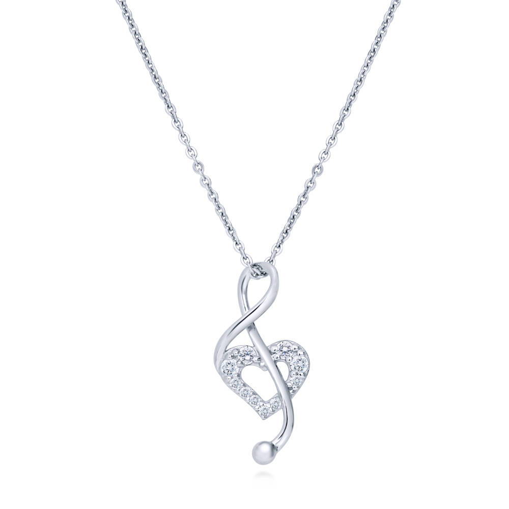 Treble Clef Music Note Open Heart CZ Necklace in Sterling Silver, 1 of 4