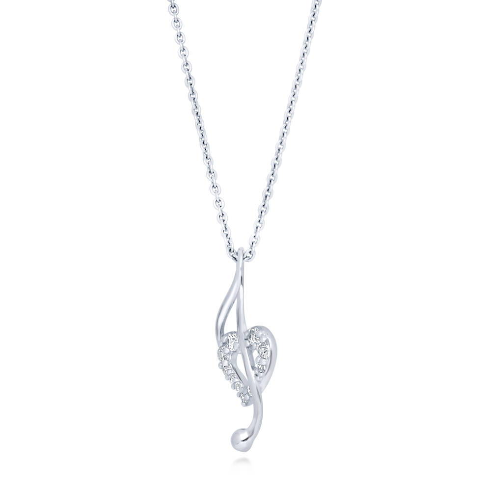 Front view of Treble Clef Music Note Open Heart CZ Necklace in Sterling Silver, 3 of 4
