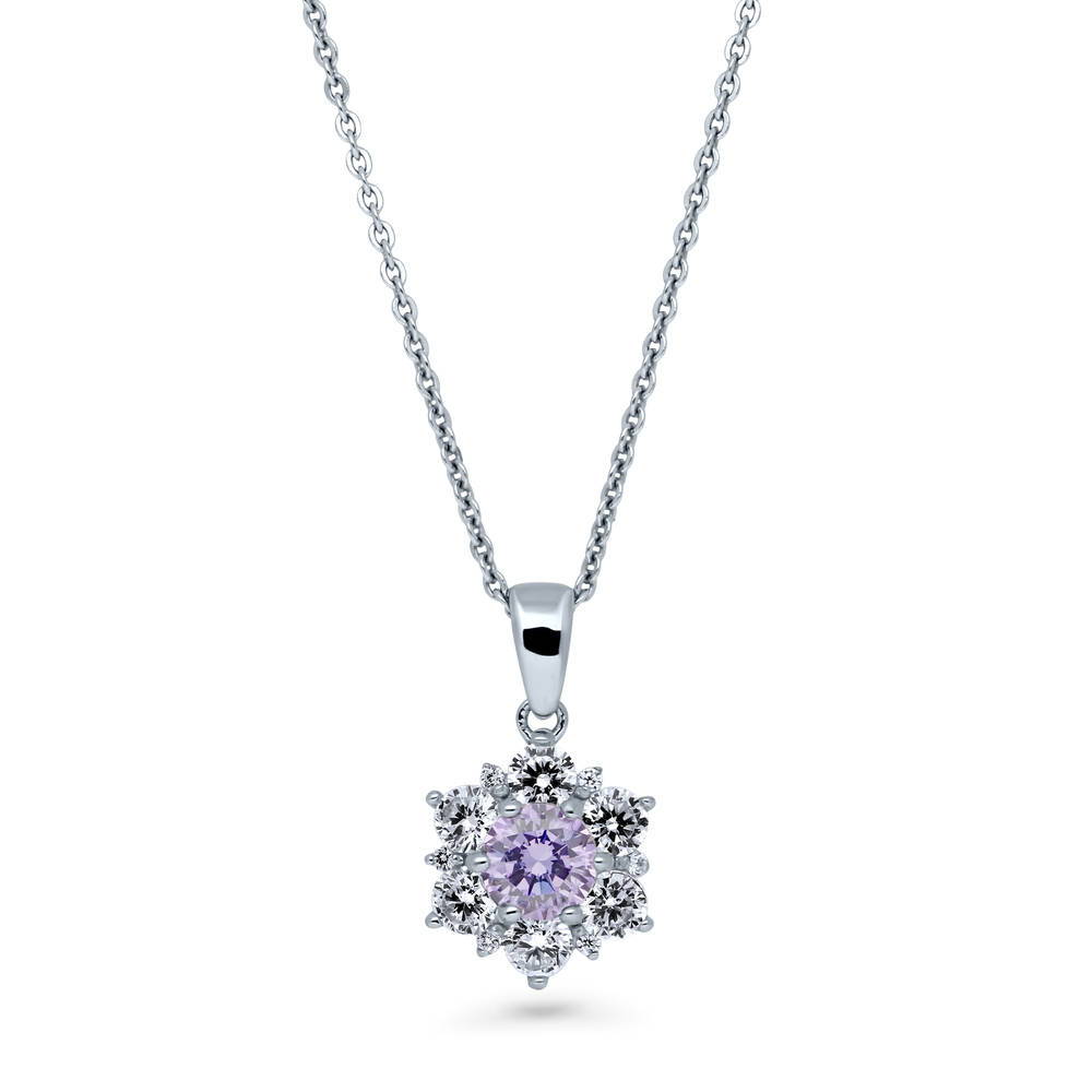Flower Purple CZ Pendant Necklace in Sterling Silver