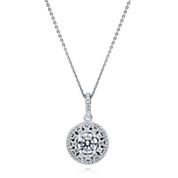 Halo Flower Round CZ Pendant Necklace in Sterling Silver
