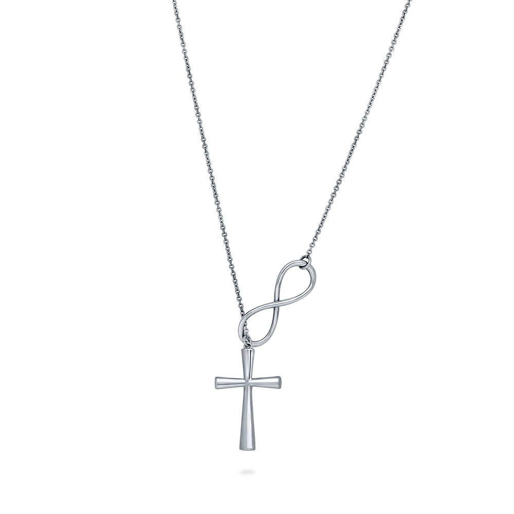 Front view of Infinity Cross Lariat Necklace in Sterling Silver, 4 of 7