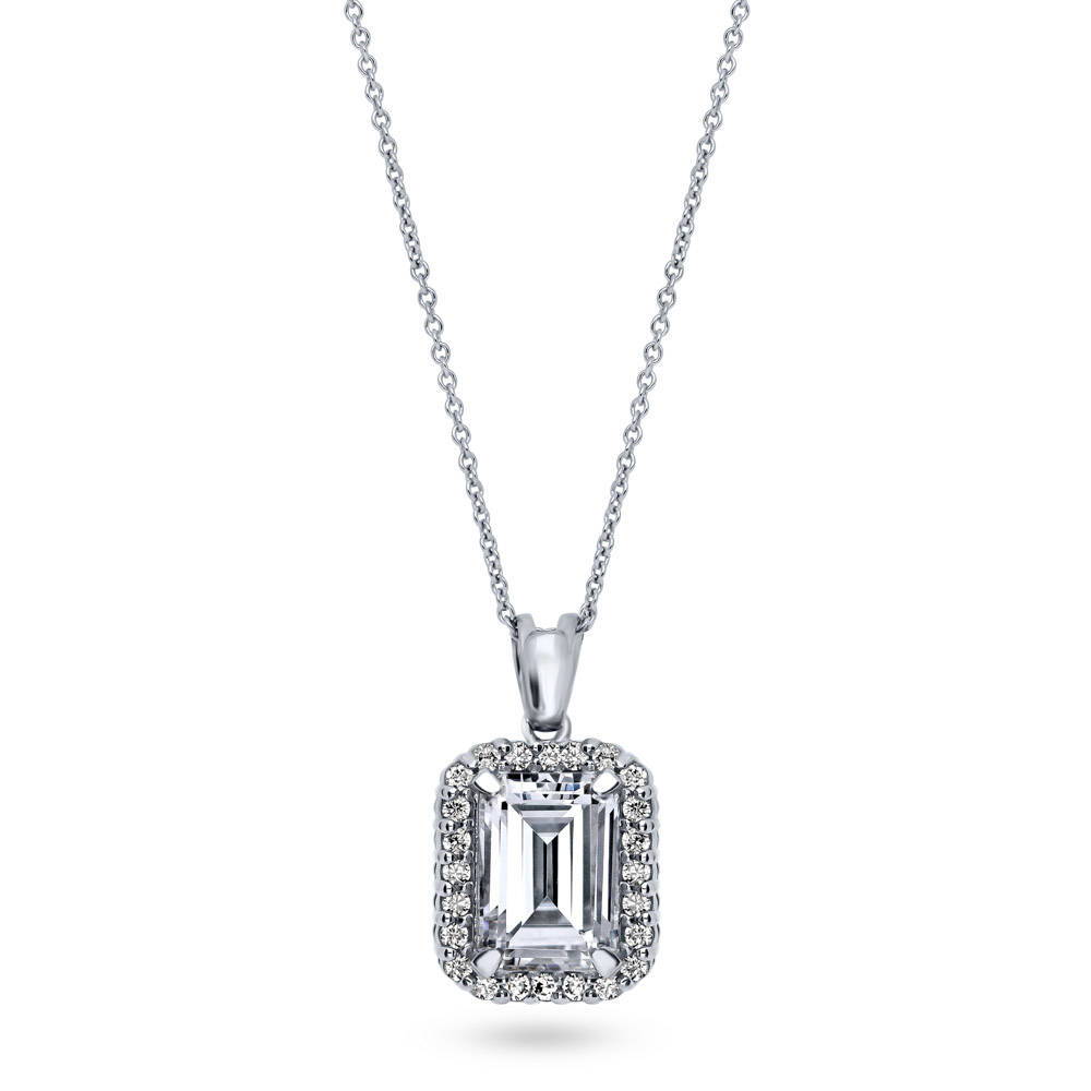 Halo Emerald Cut CZ Necklace and Earrings Set in Sterling Silver