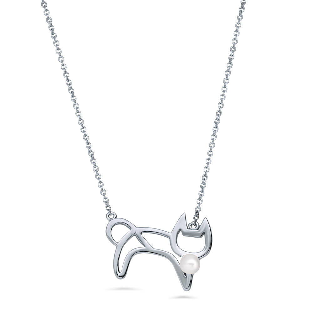 Cat Imitation Pearl Pendant Necklace in Sterling Silver