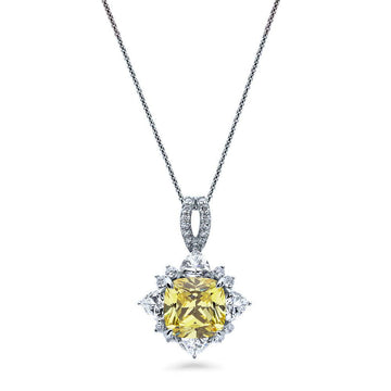 Halo Flower Canary Cushion CZ Necklace in Sterling Silver