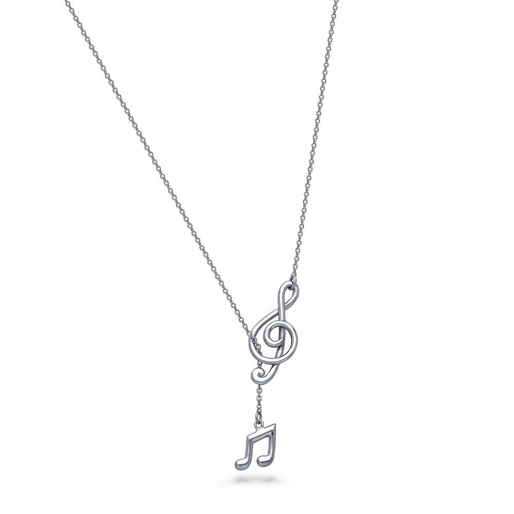 Front view of Treble Clef Music Note Lariat Necklace in Sterling Silver, 4 of 9