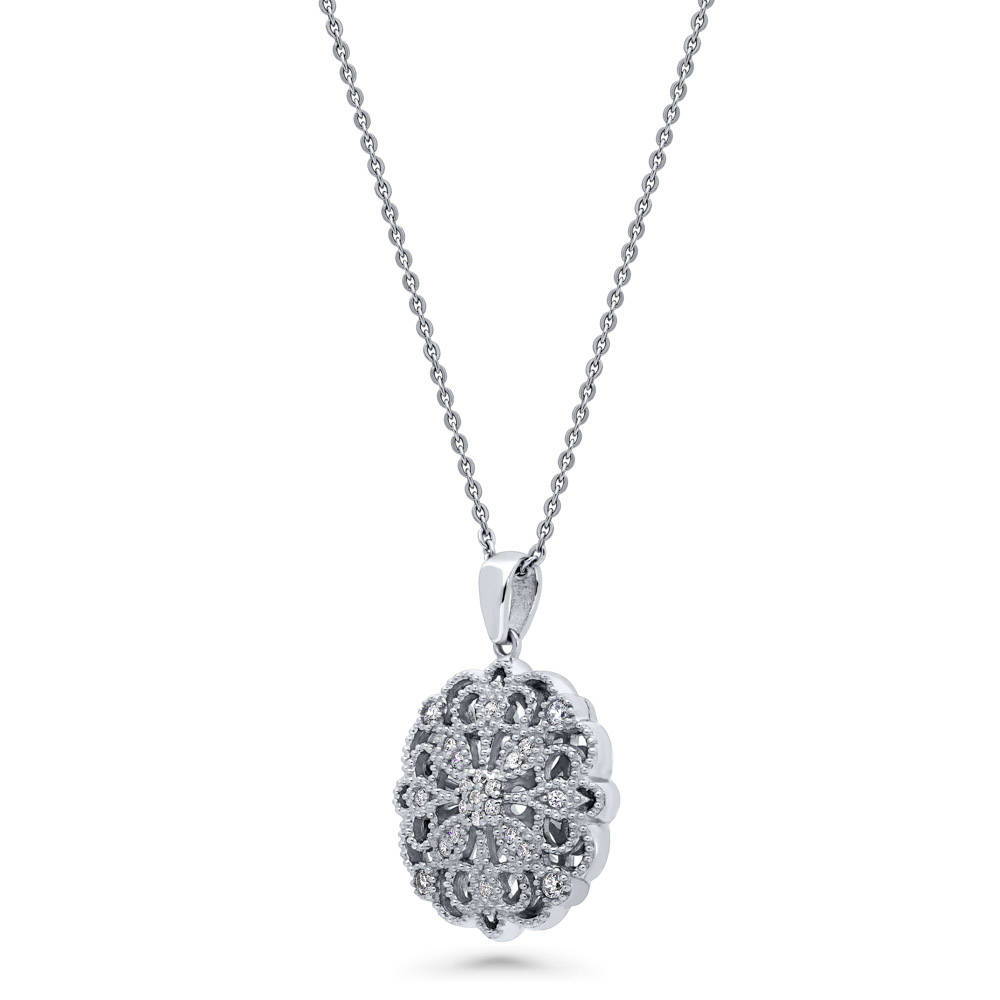 Flower Filigree CZ Pendant Necklace in Sterling Silver