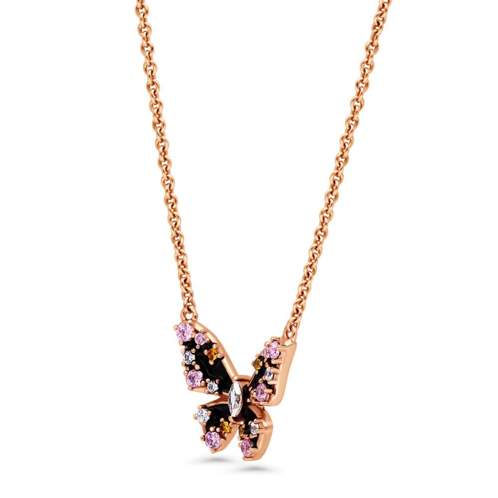 Butterfly Enamel CZ Necklace in Rose Gold Flashed Sterling Silver