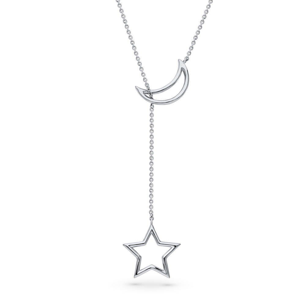 Star Crescent Moon Lariat Necklace in Sterling Silver