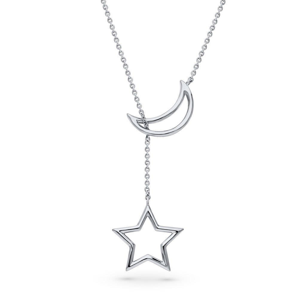 Front view of Star Crescent Moon Lariat Necklace in Sterling Silver, 3 of 5