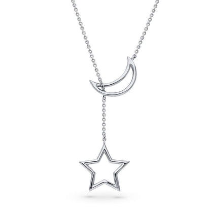 Star Crescent Moon Lariat Necklace in Sterling Silver