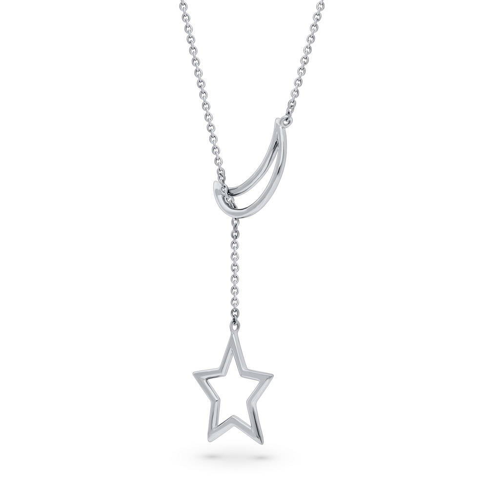 Angle view of Star Crescent Moon Lariat Necklace in Sterling Silver, 4 of 5