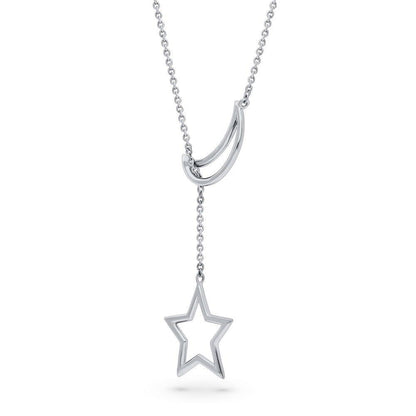 Star Crescent Moon Lariat Necklace in Sterling Silver
