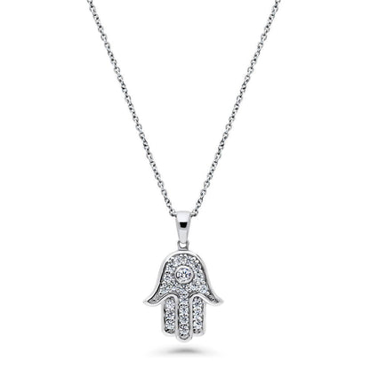 Hamsa Hand CZ Necklace and Earrings in Sterling Silver