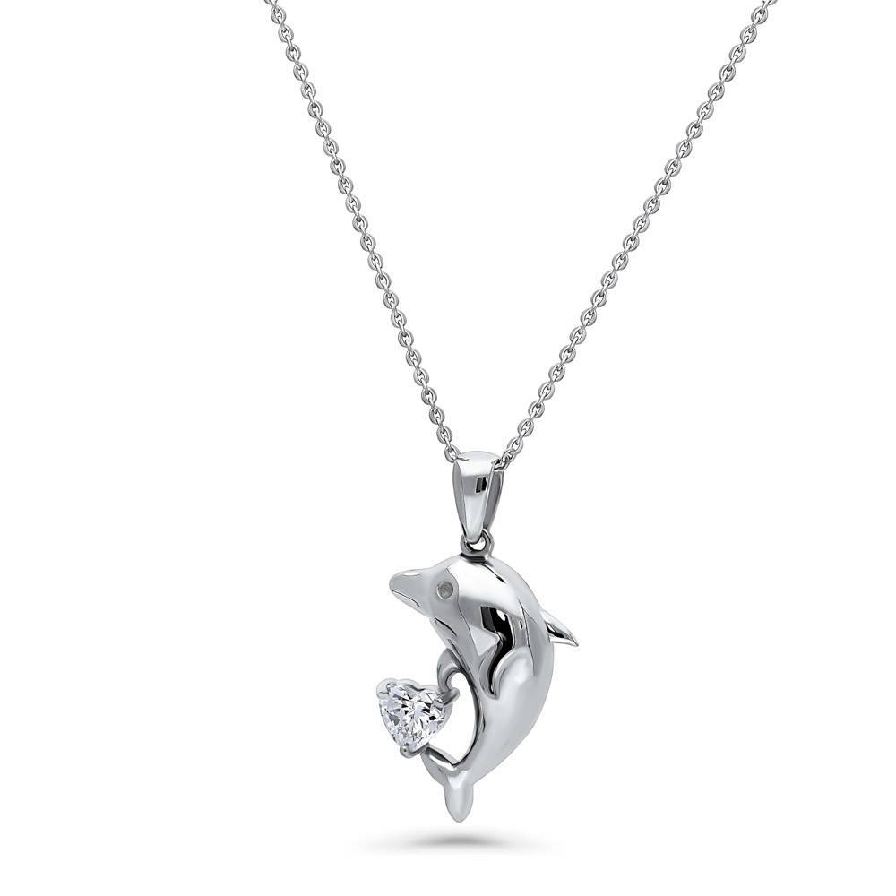 Dolphin CZ Pendant Necklace in Sterling Silver