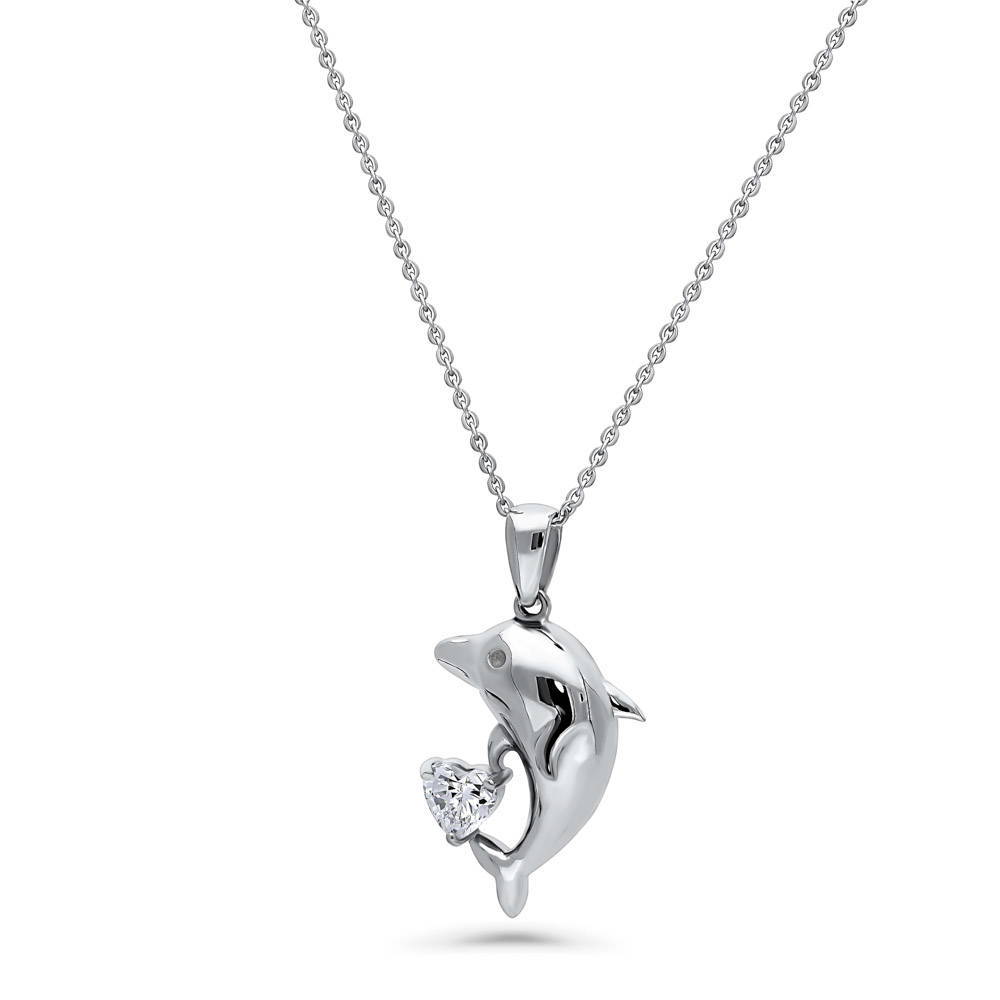 Front view of Dolphin CZ Pendant Necklace in Sterling Silver, 4 of 6