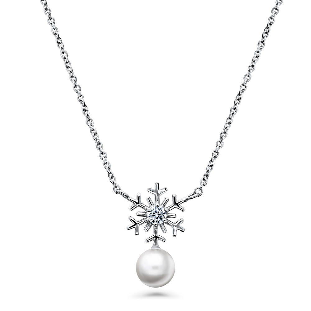Snowflake Imitation Pearl Pendant Necklace in Sterling Silver