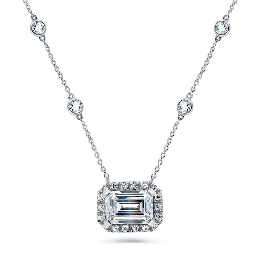 Halo East-West Emerald Cut CZ Pendant Necklace in Sterling Silver