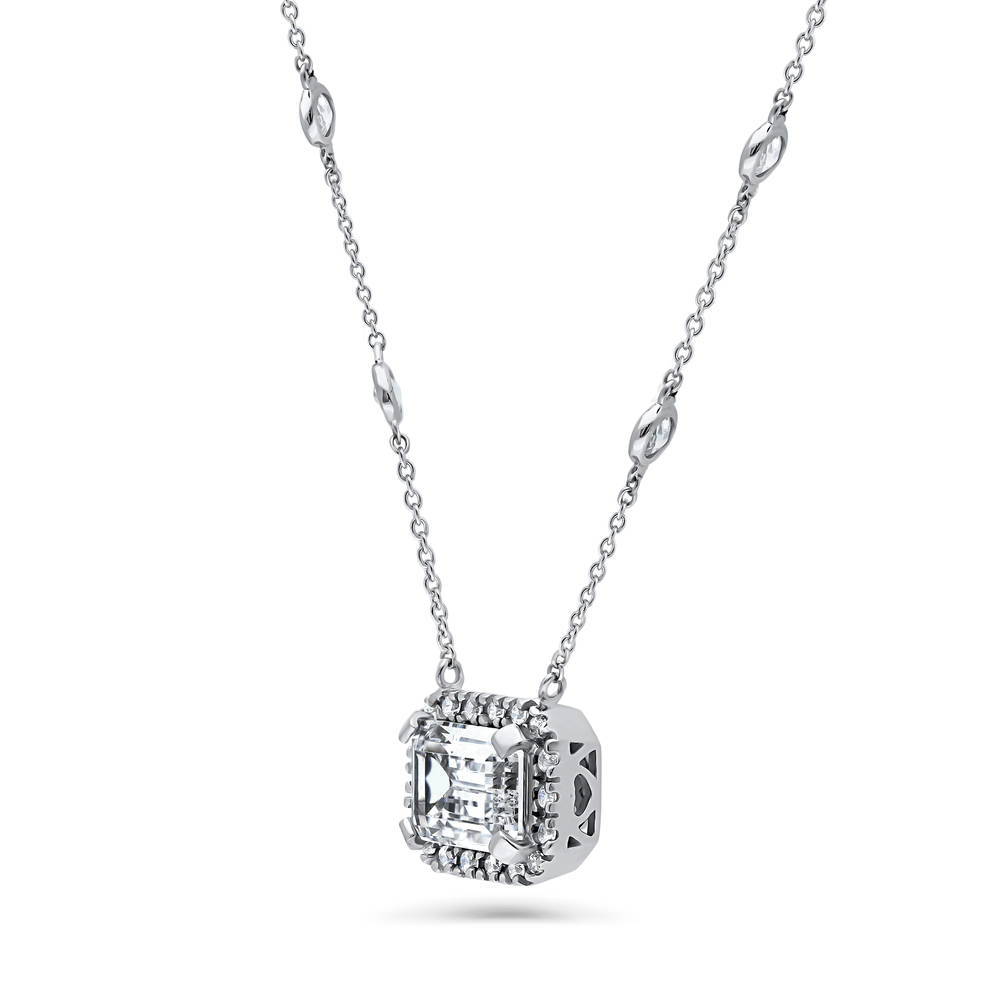 Halo East-West Emerald Cut CZ Pendant Necklace in Sterling Silver