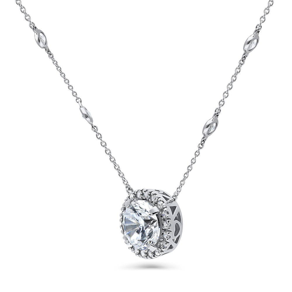 Halo Round CZ Statement Pendant Necklace in Sterling Silver