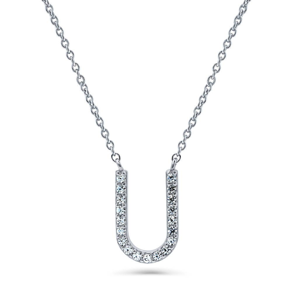 Initial Letter CZ Necklace in Sterling Silver, U