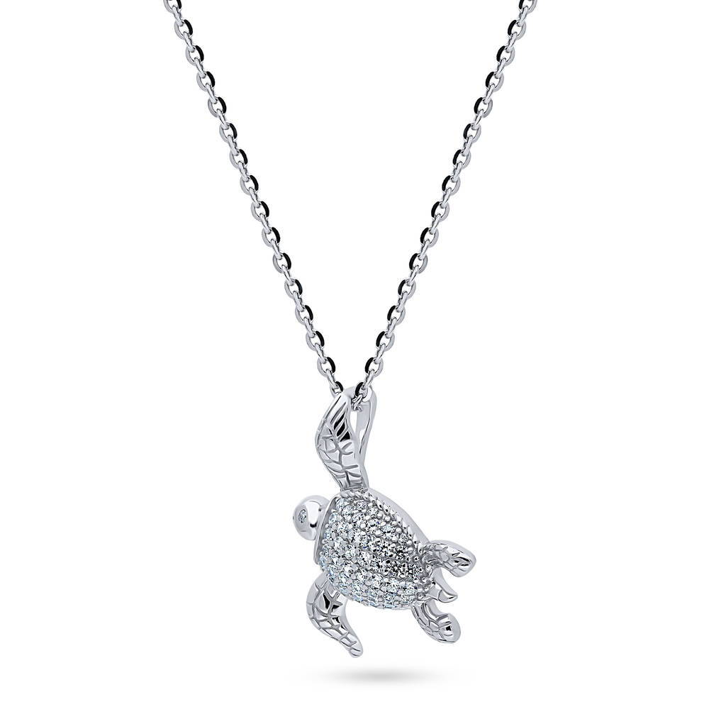 Front view of Turtle CZ Pendant Necklace in Sterling Silver, 4 of 6