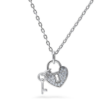 Key and Lock Heart CZ Pendant Necklace in Sterling Silver