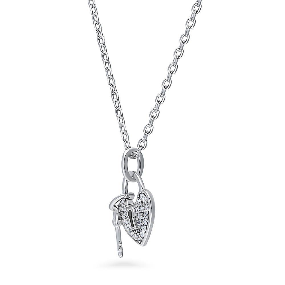Front view of Key and Lock Heart CZ Necklace in Sterling Silver, 4 of 5