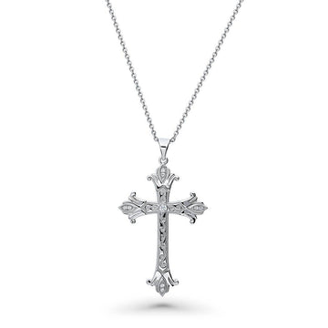 Cross Milgrain CZ Pendant Necklace in Sterling Silver