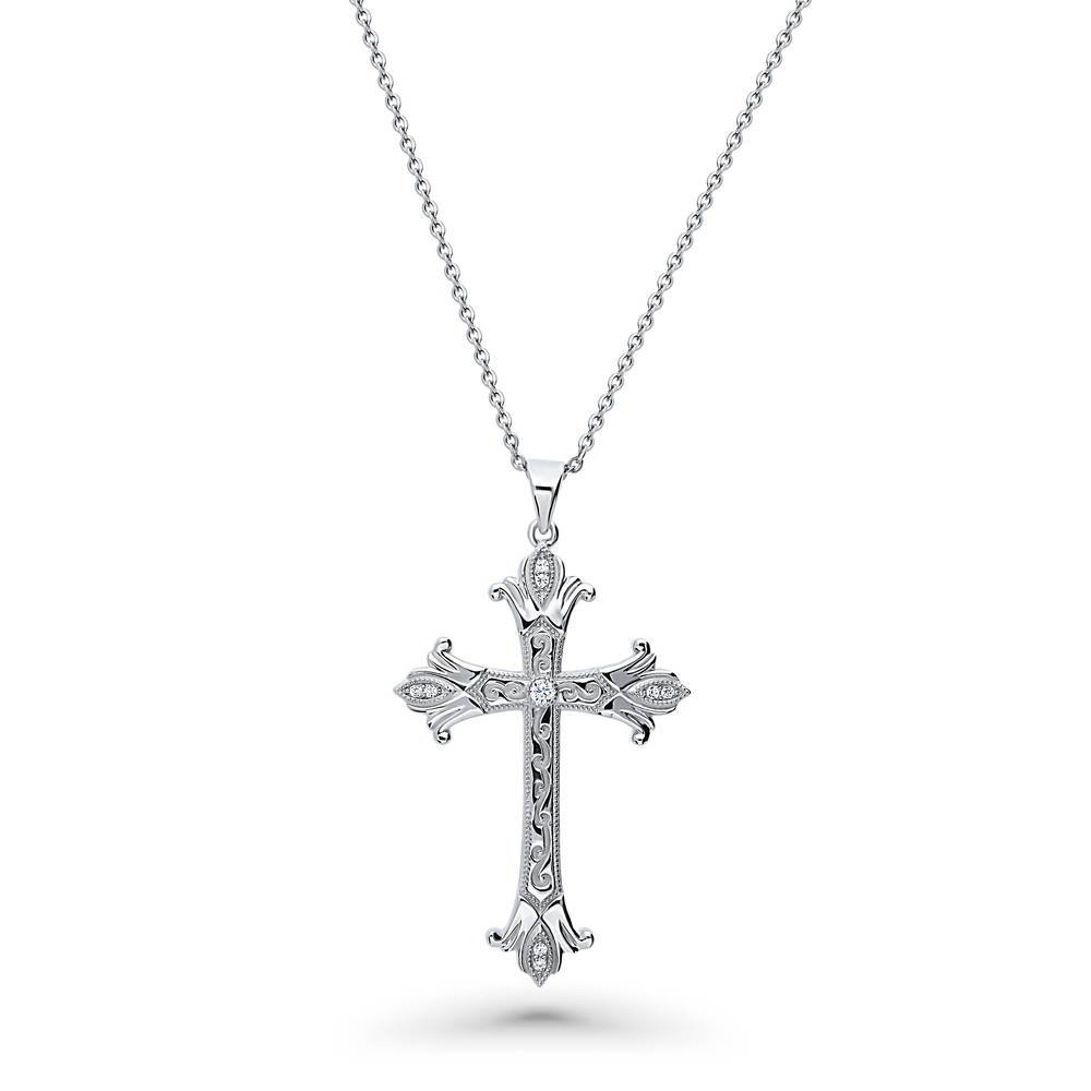 Cross Milgrain Filigree CZ Necklace in Sterling Silver